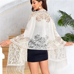Off White Beige Sheer Floral‎ Lace Fringe Shawl Wrap Scarf Pashmina Tartan Shrug